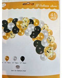  Ballonger Ballongbue Gull og svart miks 41 deler i settet inkludert 5 meter ballong kjede