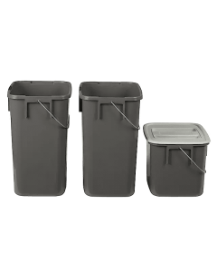 Forenkler når du skal avfallssortere – tre kildesorteringsbøtter i to ulike størrelser.

Til komposterbart avfall, resirkulerbart materiale og restavfall.

Sett dem utenfor synsvinkel, men lettilgjengelig – passer under de fleste oppvaskbenker.